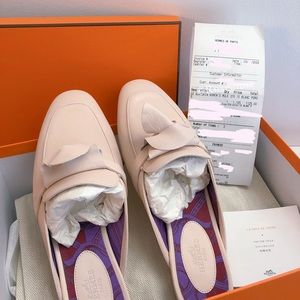 NWT RARE Hermes SS22 Oz Mule - Blanc Poros/Light Pink 37 Kelly Loafer